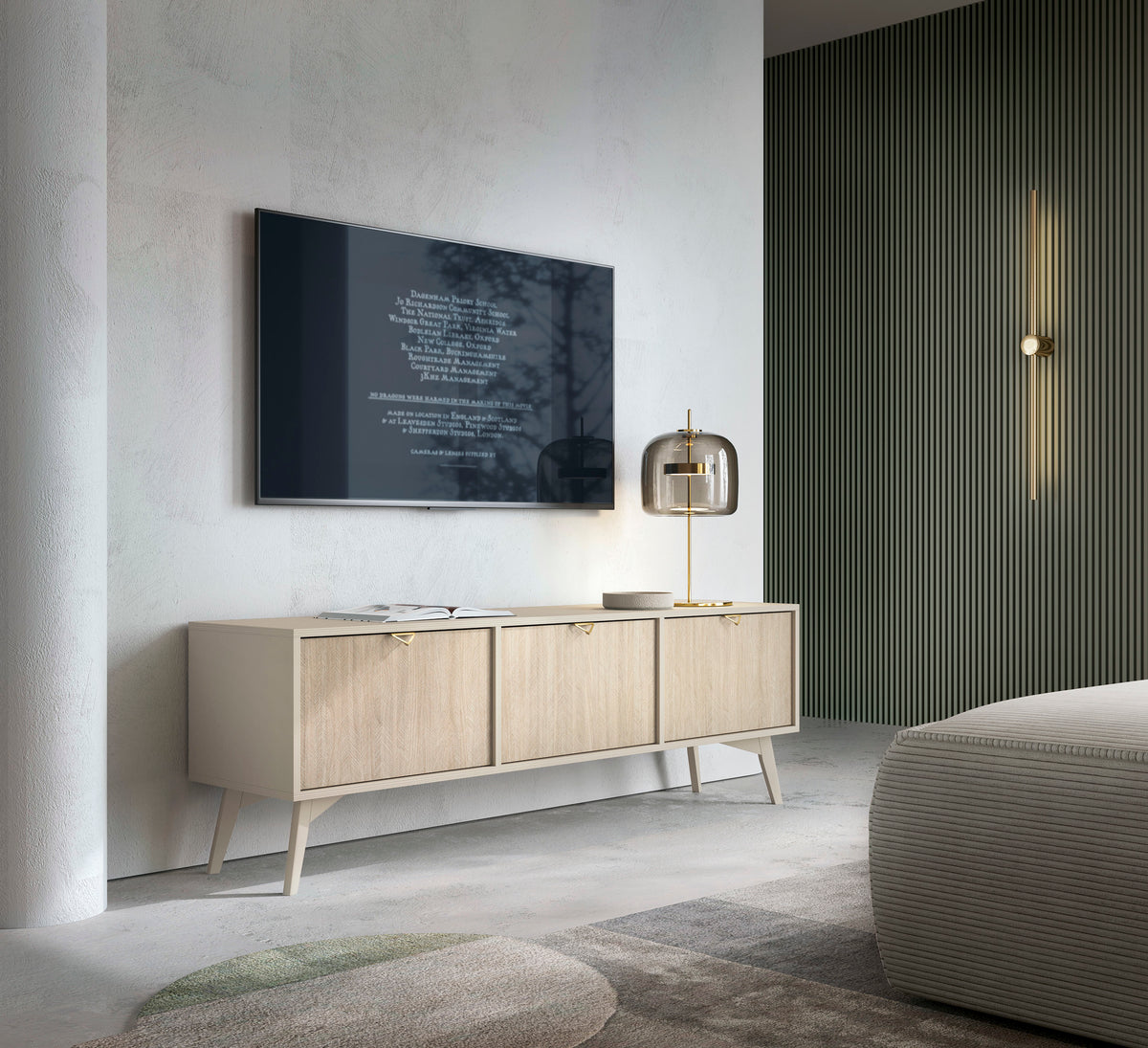 Meuble TV Favoria 158 cm beige/chevron scandi avec poignées dorées