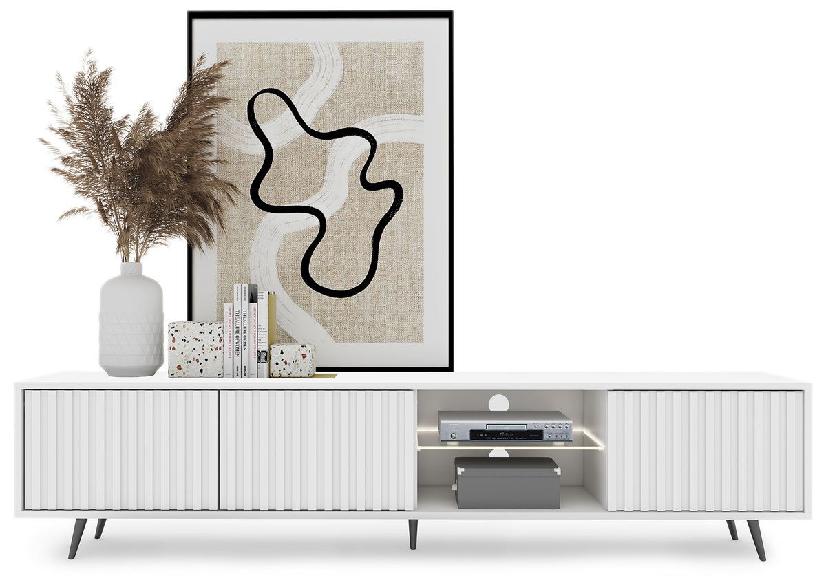 Meuble TV Bello avec façades à lamelles 175 cm blanc avec LED et pieds noirs