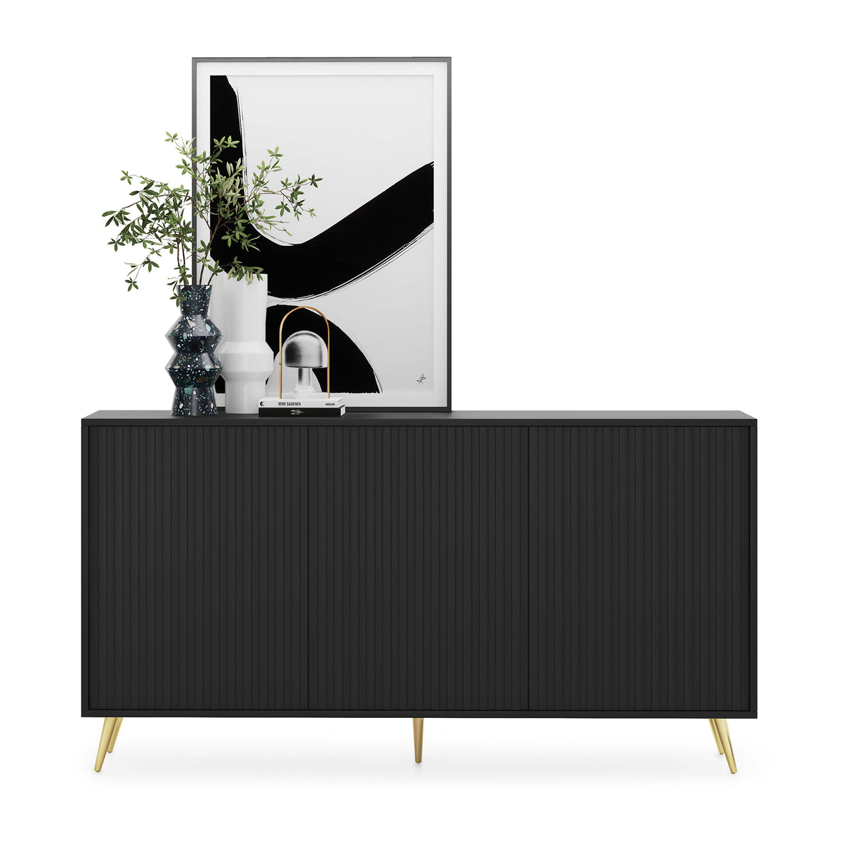 Kommode Bello mit Lamellenfronten, 154 cm, schwarz mit goldenen Beinen