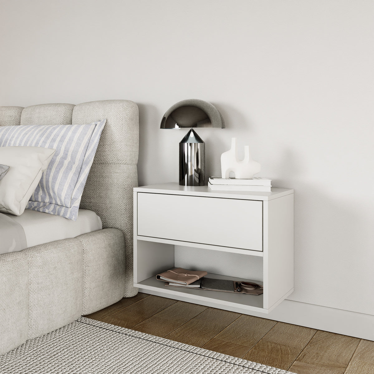 Table de chevet Framme suspendue avec tiroir et niche 50 cm blanche