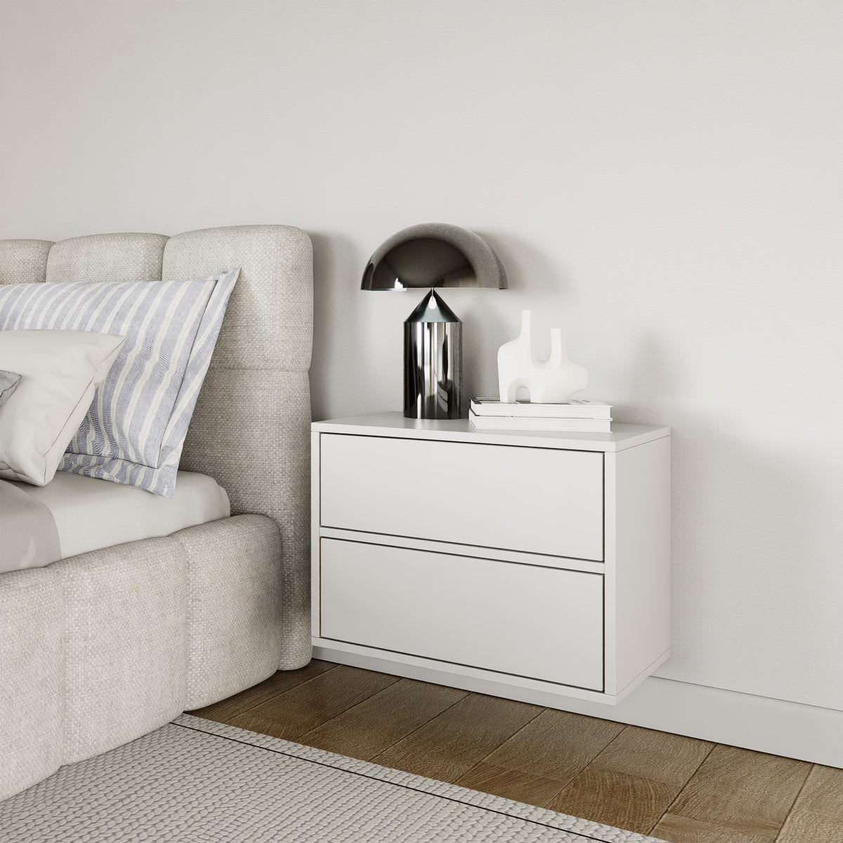 Table de chevet Framme suspendue avec deux tiroirs 50 cm blanche