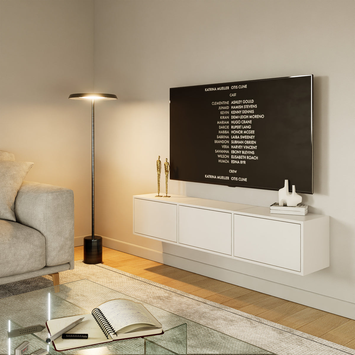 Meuble TV suspendu Framme avec trois portes rabattables 150 cm blanc