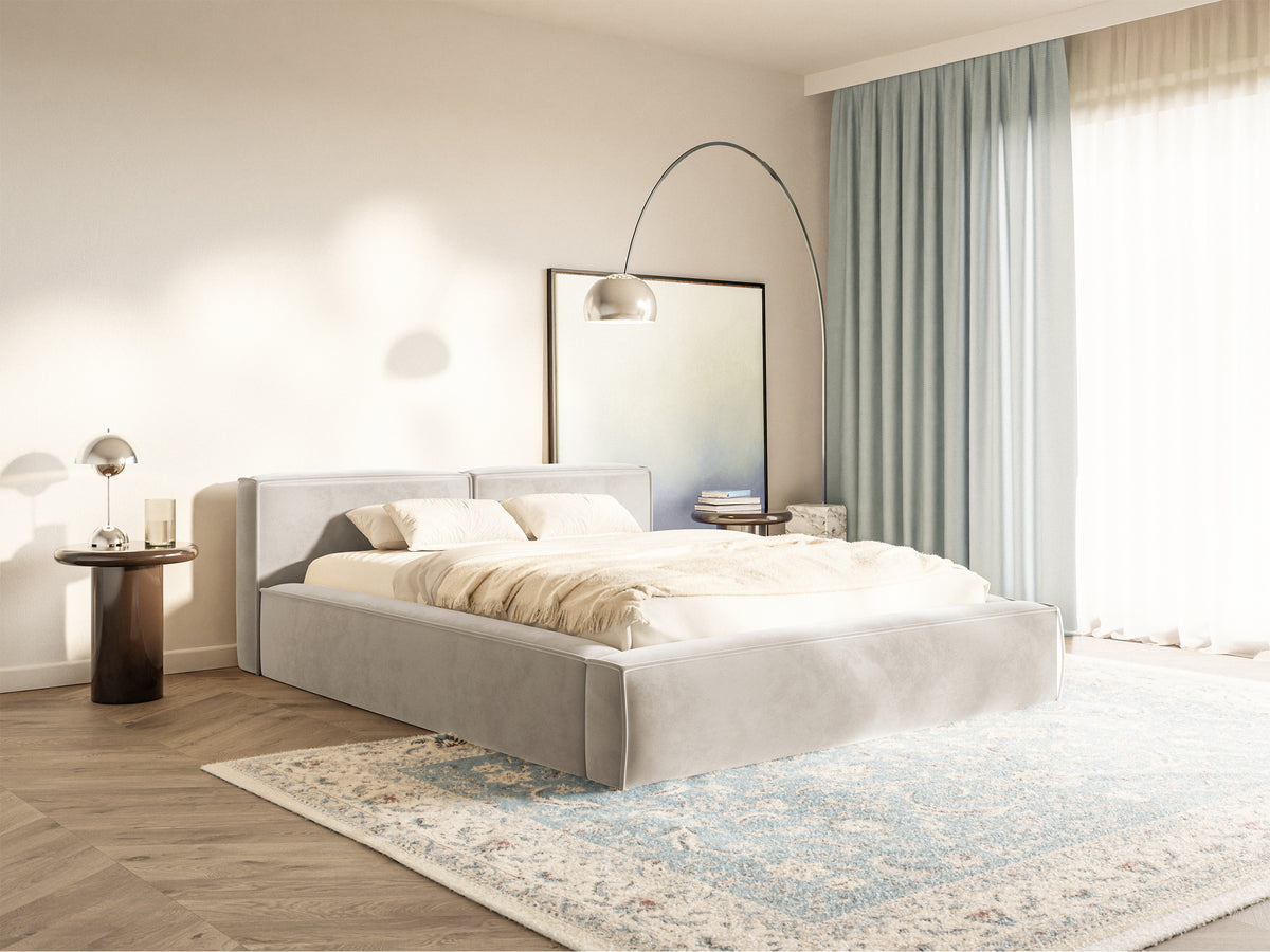 Polsterbett 160x200 cm Tilves Slim Low mit Stauraum, Metallrahmen, grau-beiger Samt
