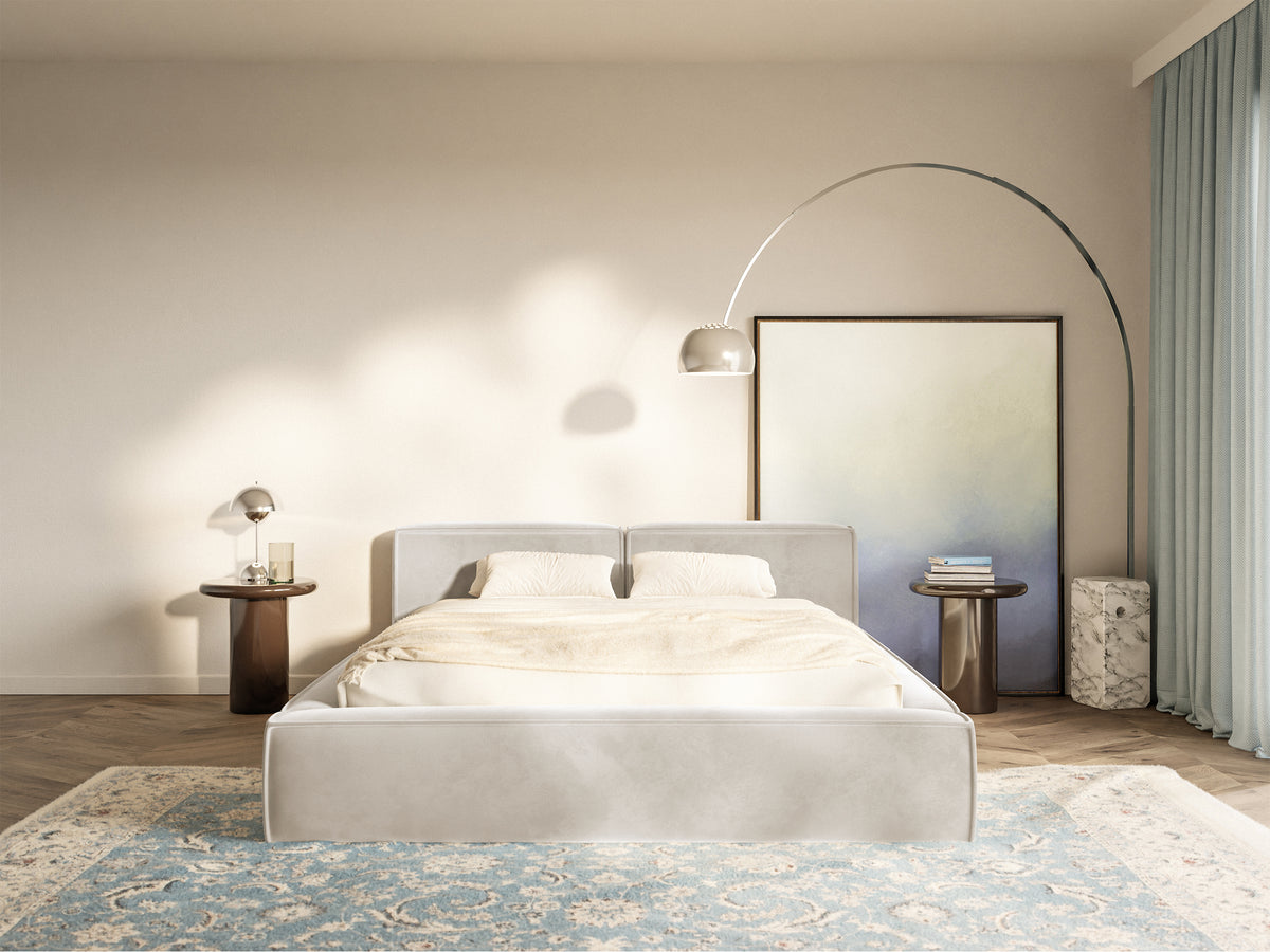 Polsterbett 160x200 cm Tilves Slim Low mit Stauraum, Metallrahmen, grau-beiger Samt