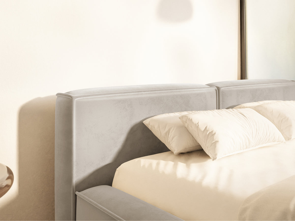 Polsterbett 160x200 cm Tilves Slim Low mit Stauraum, Metallrahmen, grau-beiger Samt