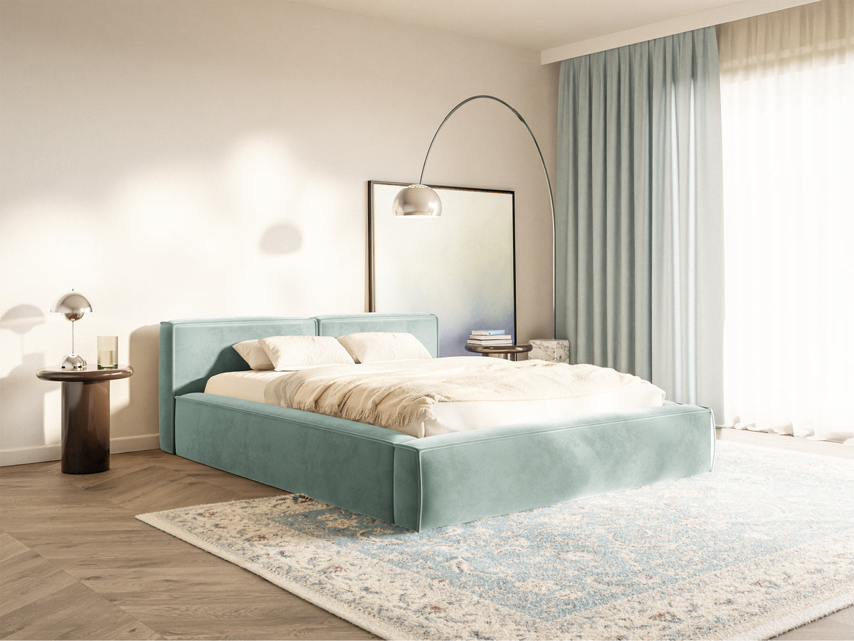 Lit tapissé 200x200 cm Tilves Slim Low avec rangement, sommier métallique, velours sauge
