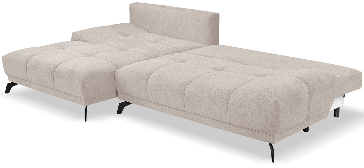 Canapé d'angle gauche Felipe en L avec fonction couchage et coffre, tissu chenille hydrofuge beige clair