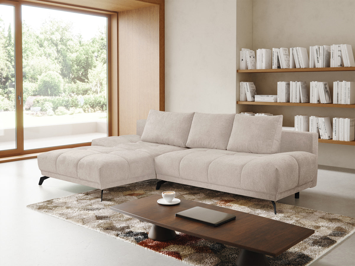 Canapé d'angle gauche Felipe en L avec fonction couchage et coffre, tissu chenille hydrofuge beige clair