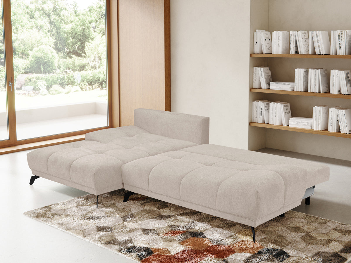 Canapé d'angle gauche Felipe en L avec fonction couchage et coffre, tissu chenille hydrofuge beige clair