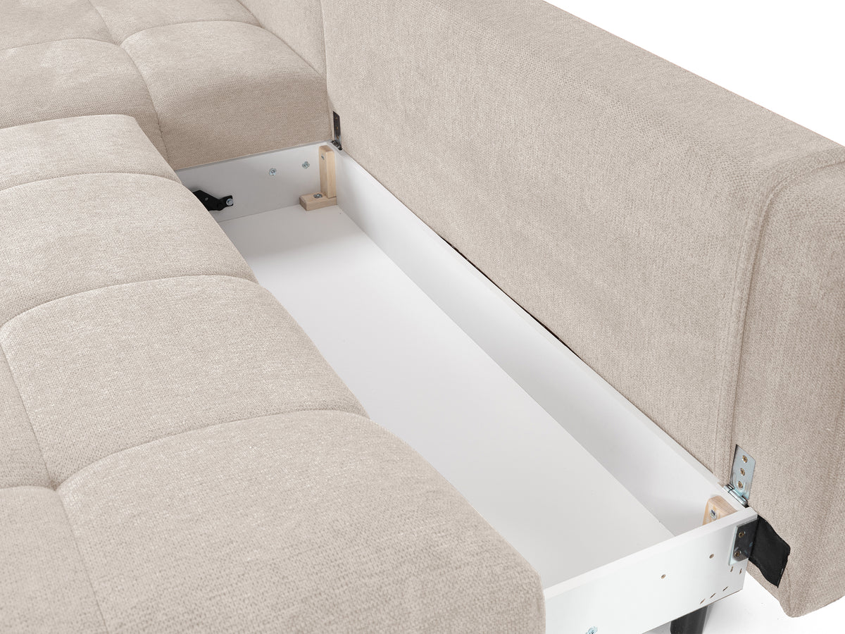 Canapé d'angle gauche Felipe en L avec fonction couchage et coffre, tissu chenille hydrofuge beige clair