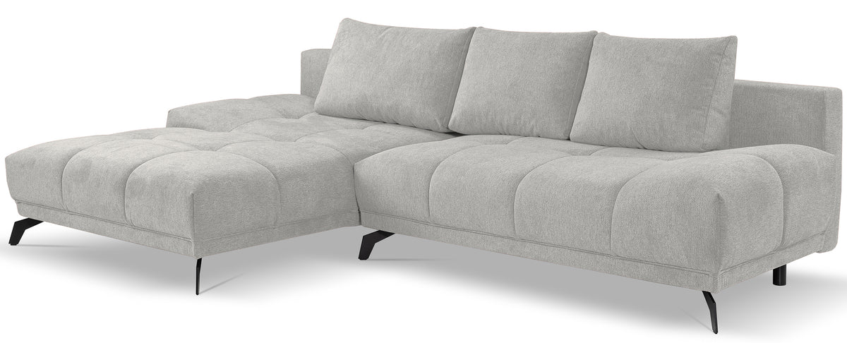 Ecksofa mit Schlaffunktion Felipe L-förmig linksseitig mit Stauraum hellgrauer hydrophober Chenillestoff