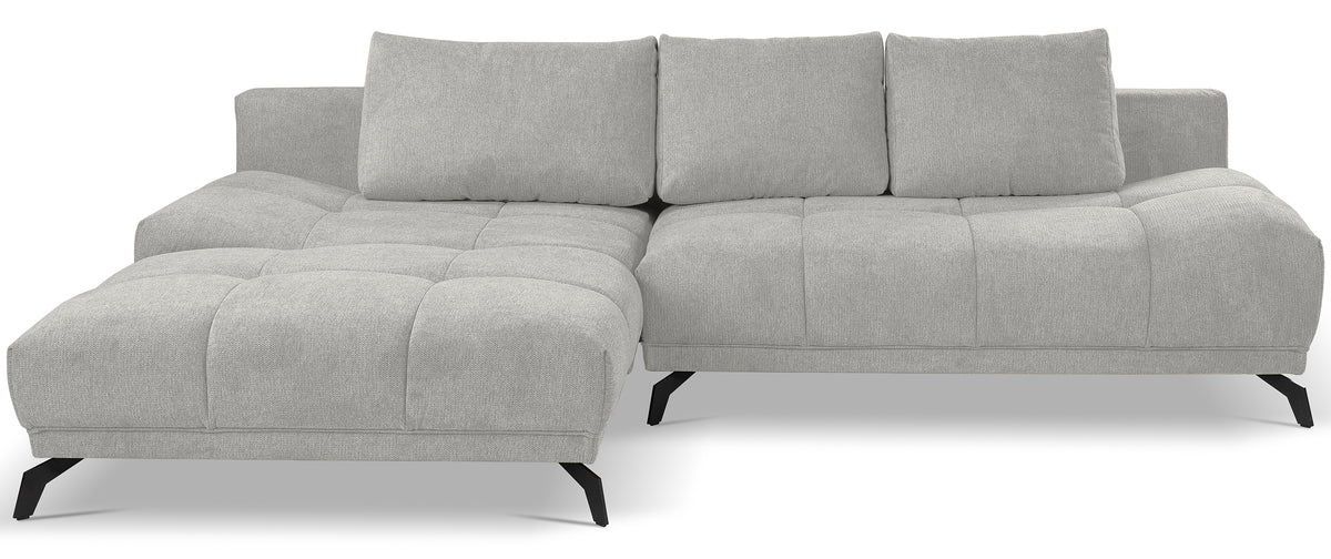 Canapé d'angle gauche Felipe avec fonction couchage et coffre, tissu chenille hydrofuge gris clair