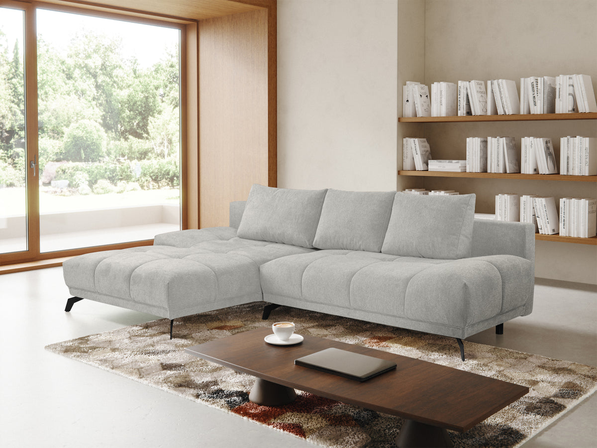 Canapé d'angle gauche Felipe avec fonction couchage et coffre, tissu chenille hydrofuge gris clair