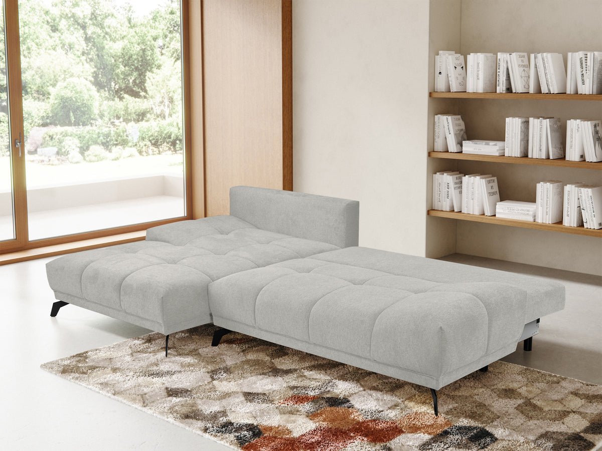 Ecksofa mit Schlaffunktion Felipe L-förmig linksseitig mit Stauraum hellgrauer hydrophober Chenillestoff