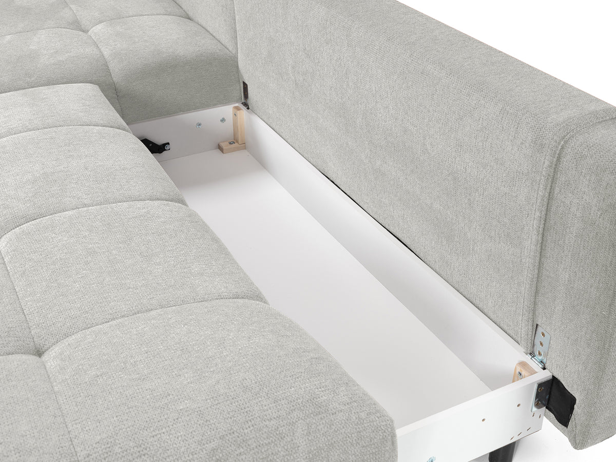 Ecksofa mit Schlaffunktion Felipe L-förmig linksseitig mit Stauraum hellgrauer hydrophober Chenillestoff