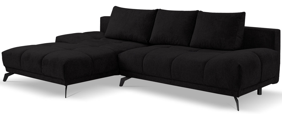 Canapé d'angle gauche Felipe avec fonction couchage et coffre de rangement, tissu hydrofuge en chenille noire