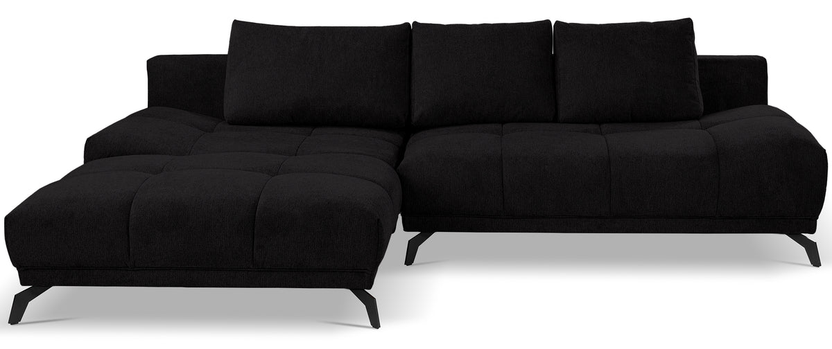 Canapé d'angle gauche Felipe avec fonction couchage et coffre de rangement, tissu hydrofuge en chenille noire