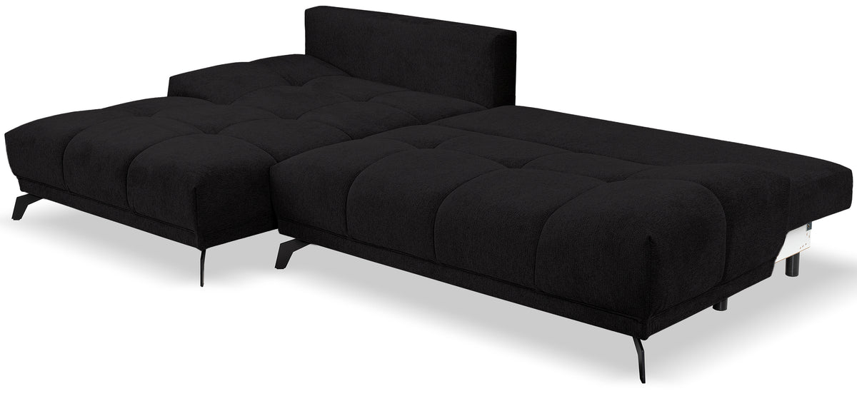 Canapé d'angle gauche Felipe avec fonction couchage et coffre de rangement, tissu hydrofuge en chenille noire
