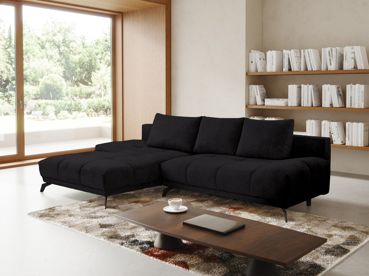 Canapé d'angle gauche Felipe avec fonction couchage et coffre de rangement, tissu hydrofuge en chenille noire