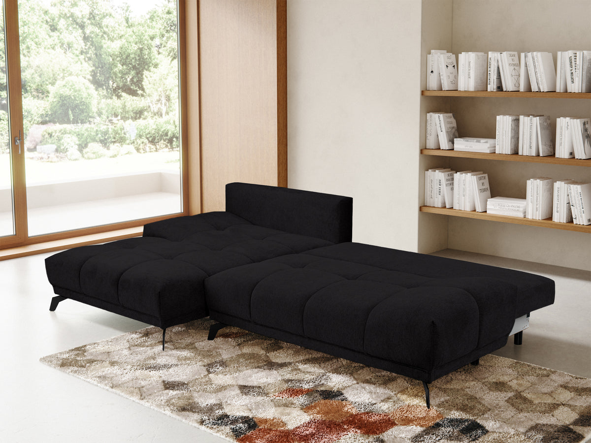 Canapé d'angle gauche Felipe avec fonction couchage et coffre de rangement, tissu hydrofuge en chenille noire