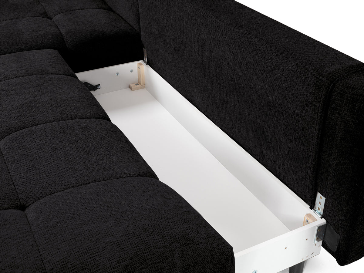 Canapé d'angle gauche Felipe avec fonction couchage et coffre de rangement, tissu hydrofuge en chenille noire