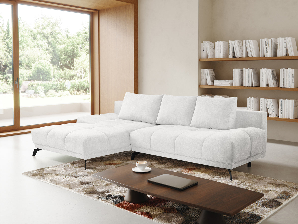 Canapé d'angle gauche Felipe avec fonction couchage et rangement, tissu chenille hydrofuge blanc