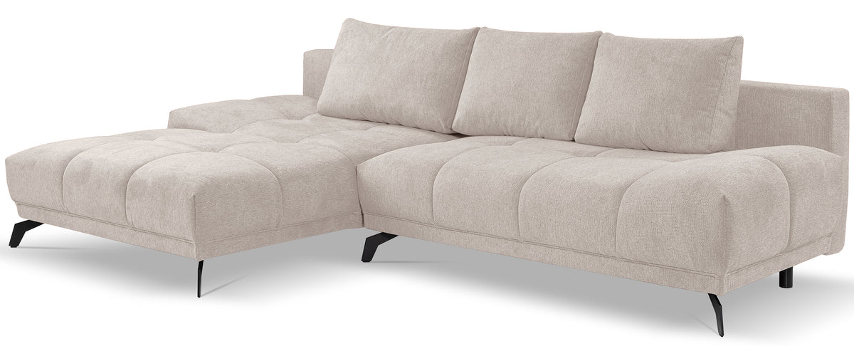 Canapé d'angle gauche Felipe en L avec fonction couchage et coffre, tissu chenille hydrofuge beige clair