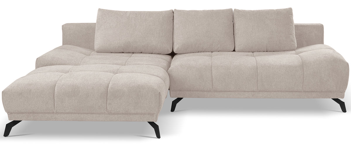Canapé d'angle gauche Felipe en L avec fonction couchage et coffre, tissu chenille hydrofuge beige clair