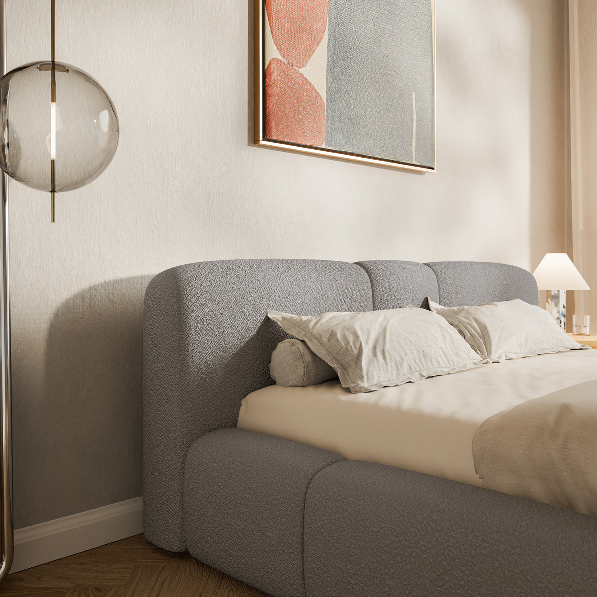 Lit tapissé 140x200 cm Bowia avec rangement, cadre métallique, boucle gris clair
