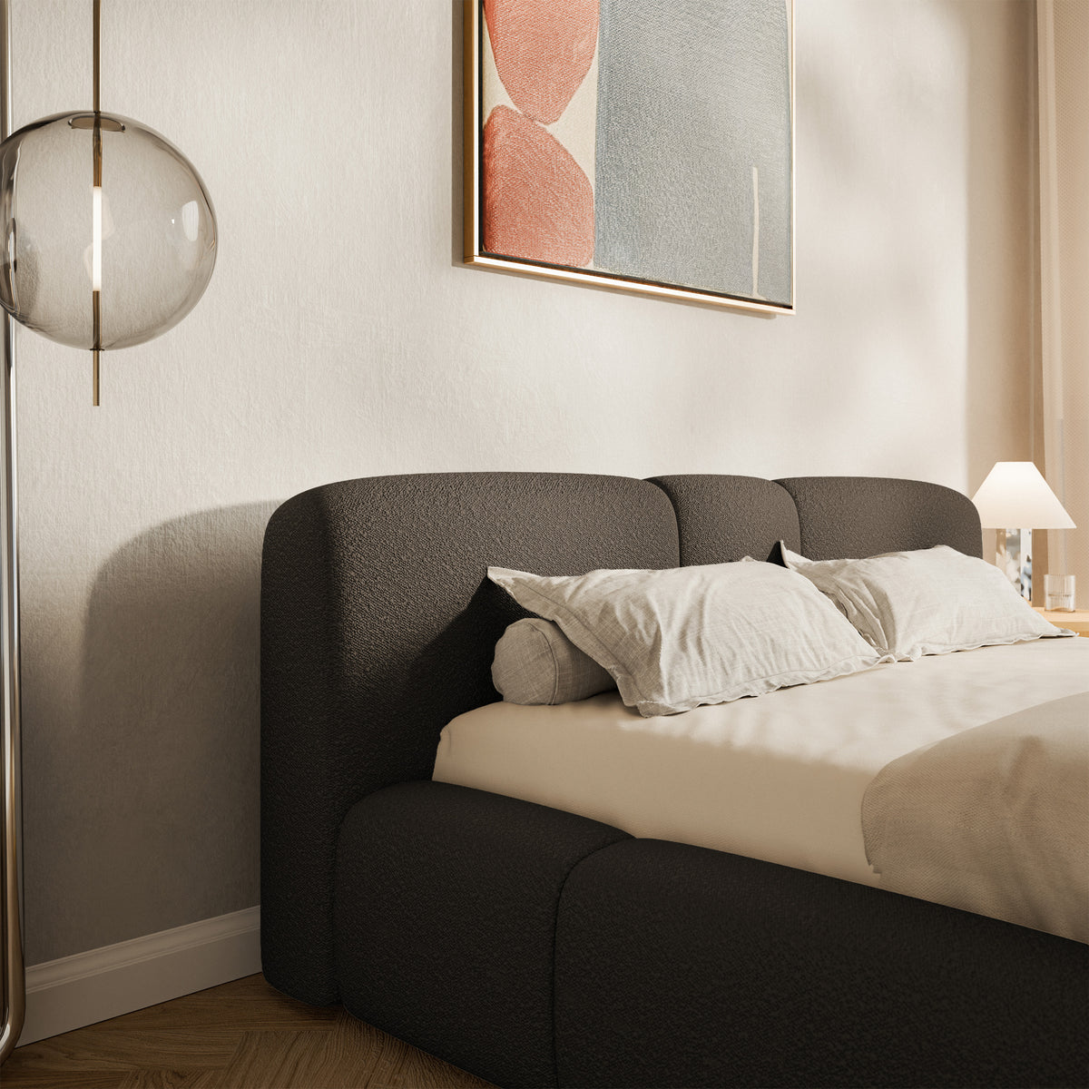Polsterbett 180x200 cm Bowia mit Stauraum, Metallrahmen, braunes Bouclé