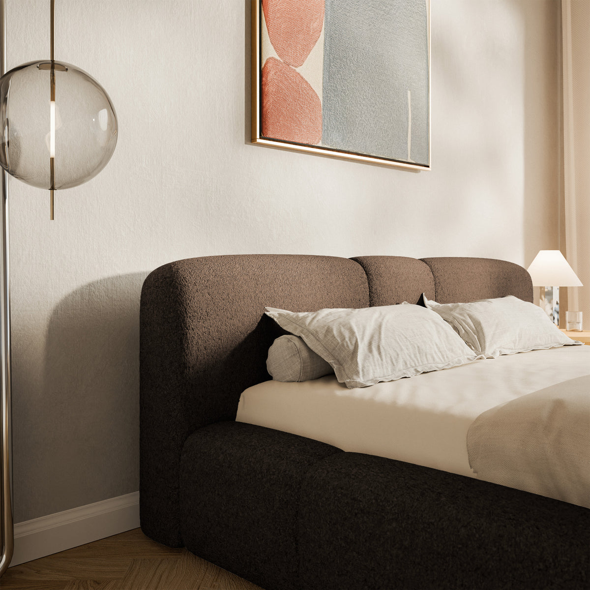 Lit tapissé 140x200 cm Bowia avec rangement, cadre métallique, velours beige clair
