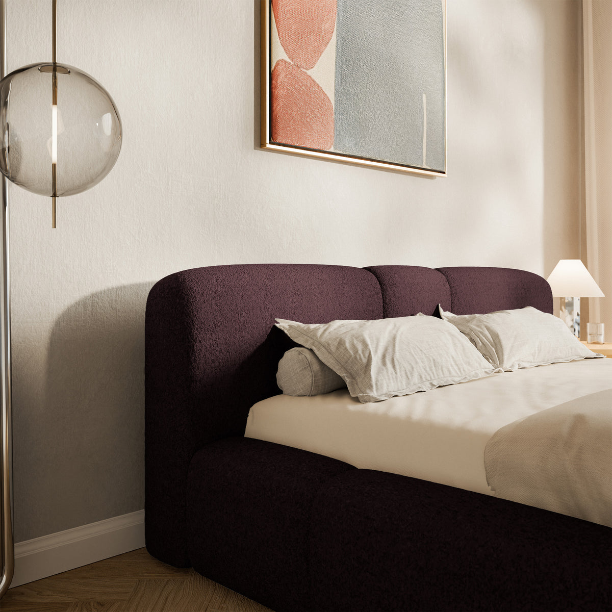 Lit tapissé 140x200 cm Bowia avec rangement, cadre métallique, velours bordeaux
