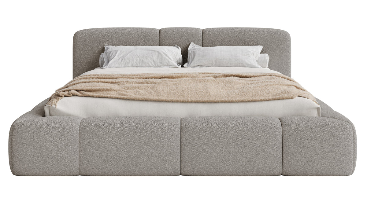 Lit tapissé 180x200 cm Bowia avec rangement, cadre métallique, bouclé gris clair