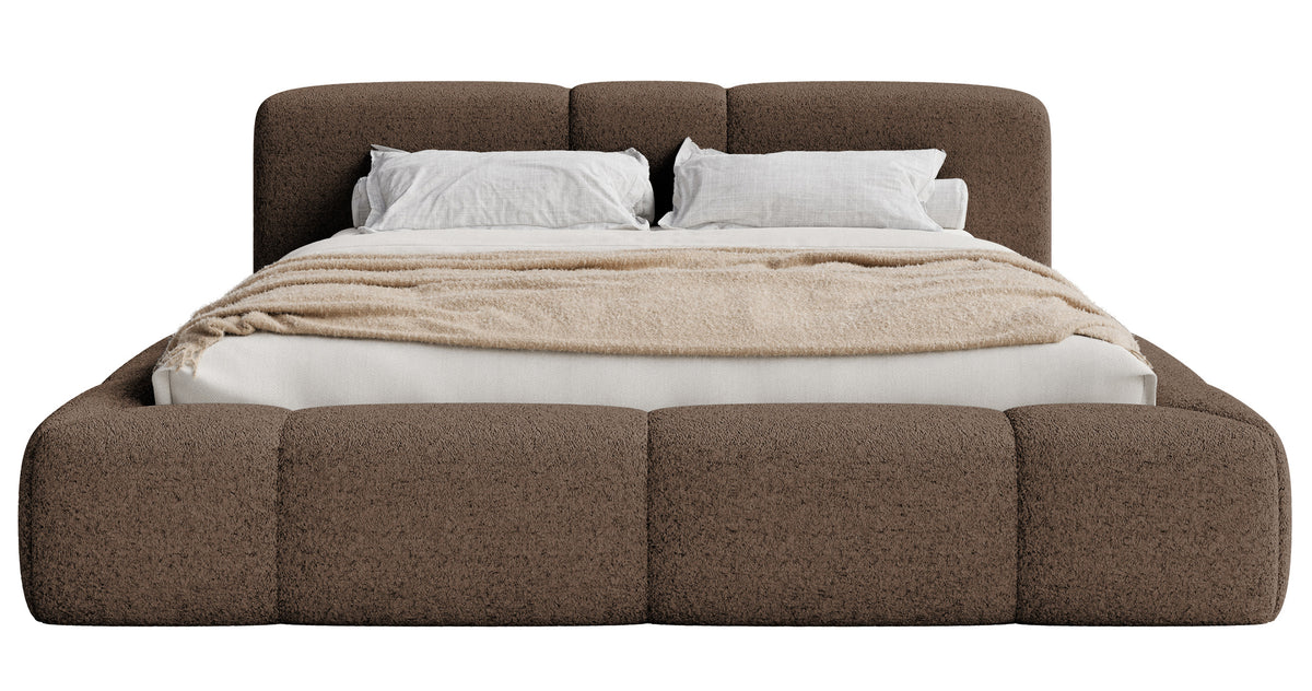 Lit tapissé 140x200 cm Bowia avec rangement, cadre métallique, velours beige clair