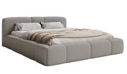 Lit tapissé 140x200 cm Bowia avec rangement, cadre métallique, boucle gris clair
