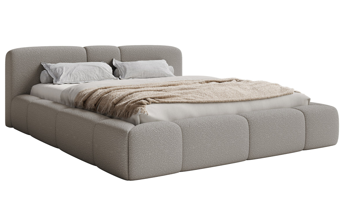 Lit tapissé 140x200 cm Bowia avec rangement, cadre métallique, boucle gris clair