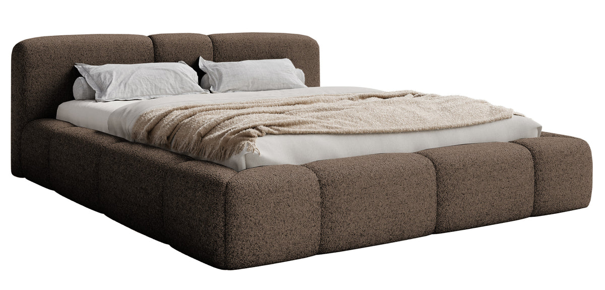 Lit tapissé 140x200 cm Bowia avec rangement, cadre métallique, velours beige clair