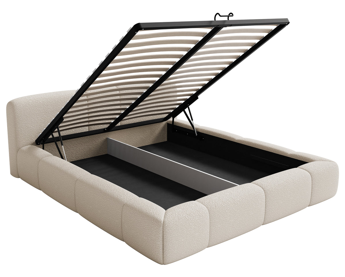 Lit tapissé 140x200 cm Bowia avec rangement, cadre métallique, bouclé beige clair
