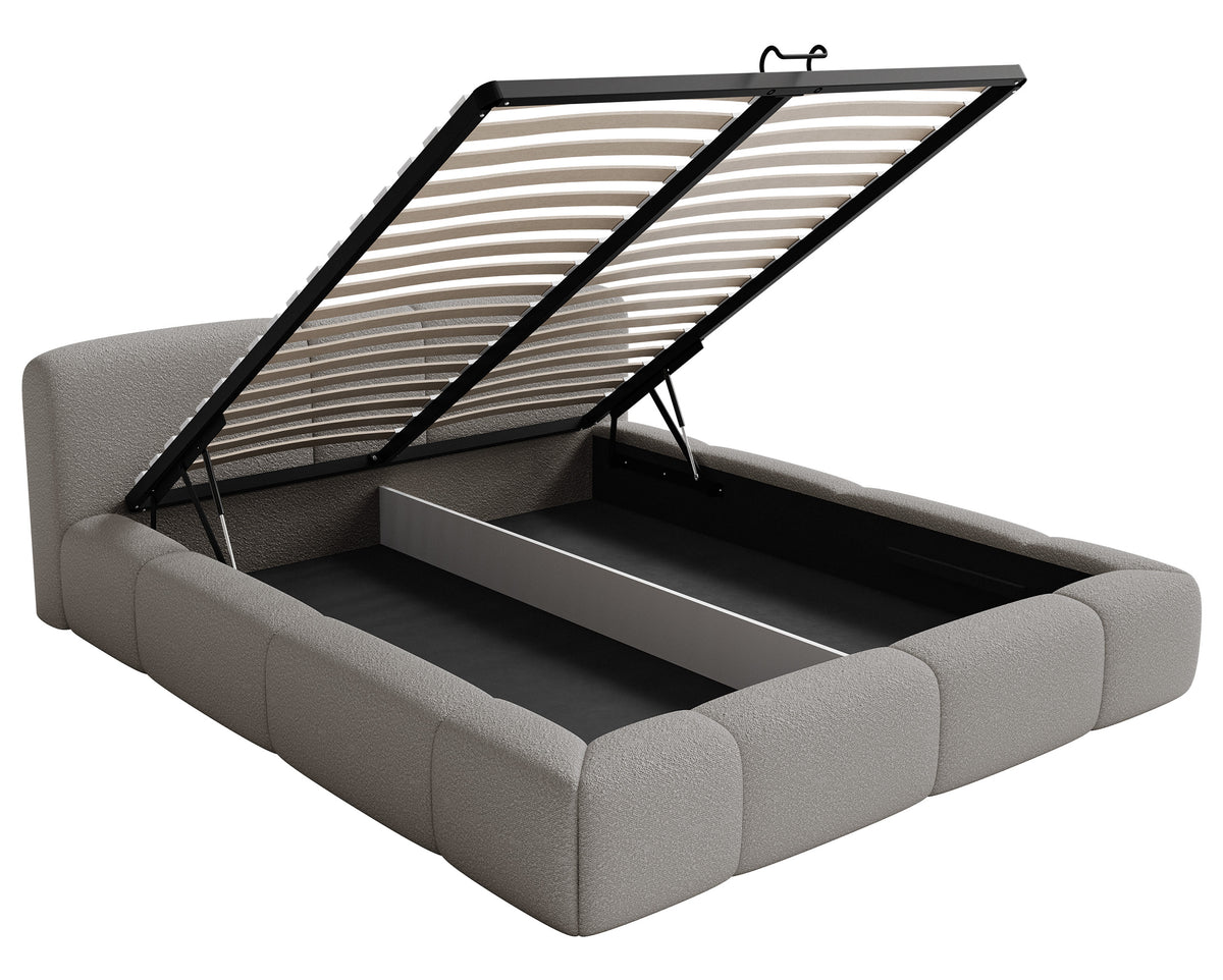 Lit tapissé 140x200 cm Bowia avec rangement, cadre métallique, boucle gris clair