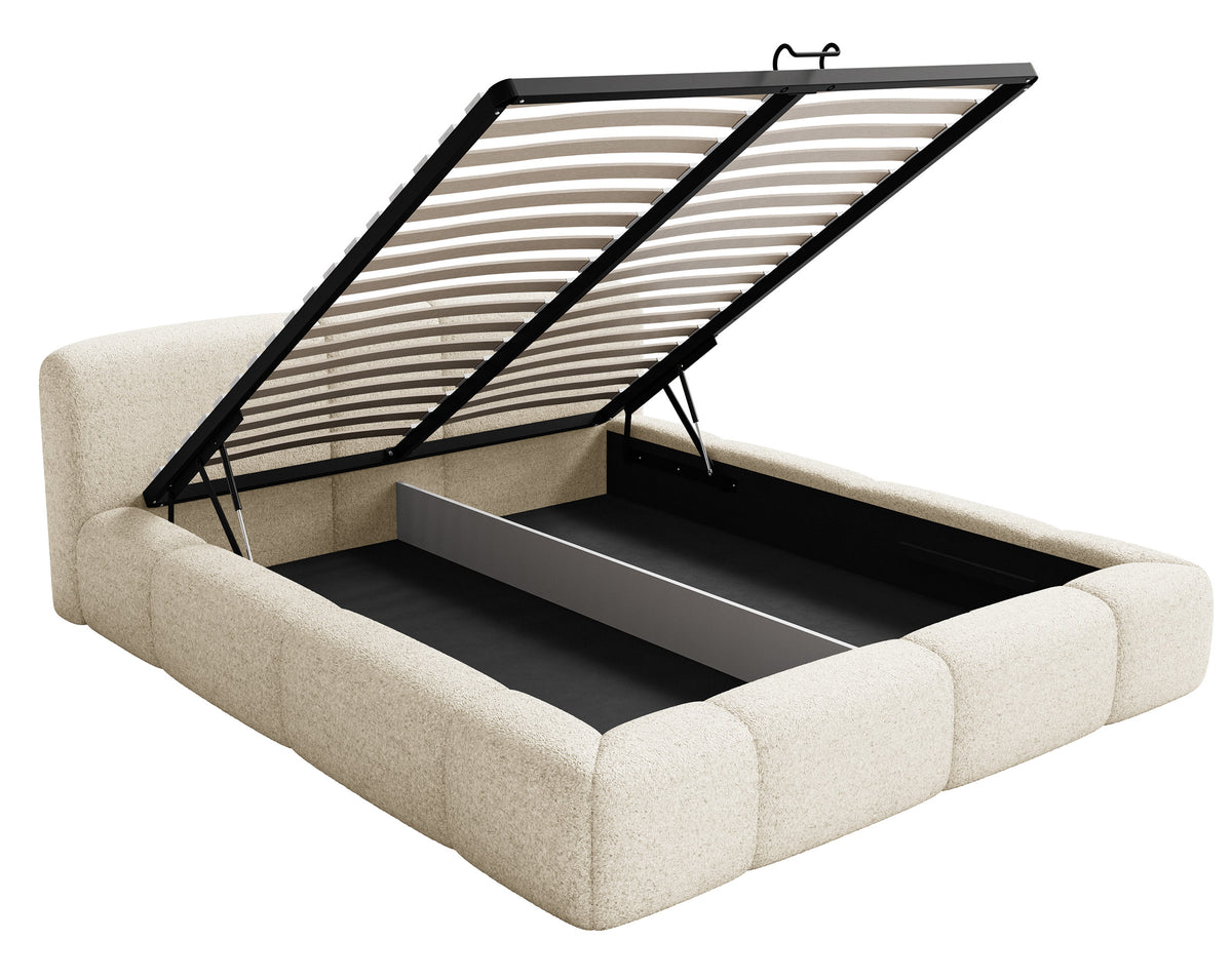 Lit tapissé 160x200 cm Bowia avec rangement, sommier métallique, velours beige clair