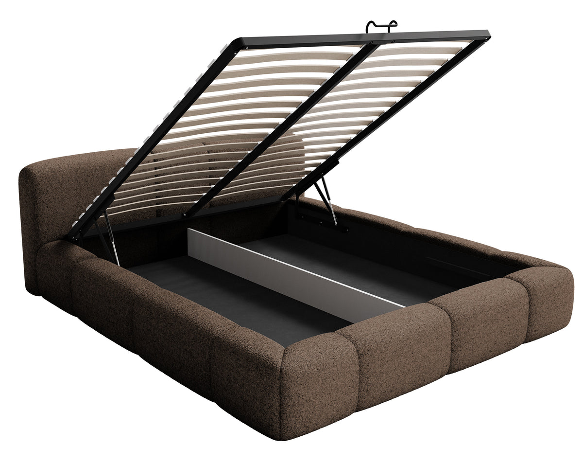 Lit tapissé 140x200 cm Bowia avec rangement, cadre métallique, velours beige clair