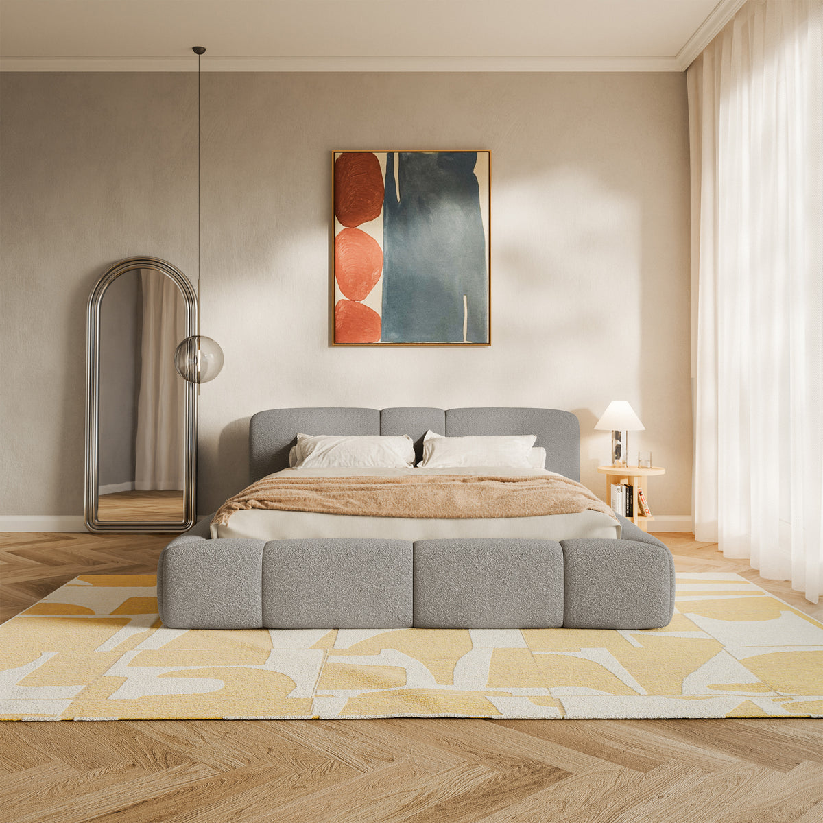 Lit tapissé 140x200 cm Bowia avec rangement, cadre métallique, boucle gris clair