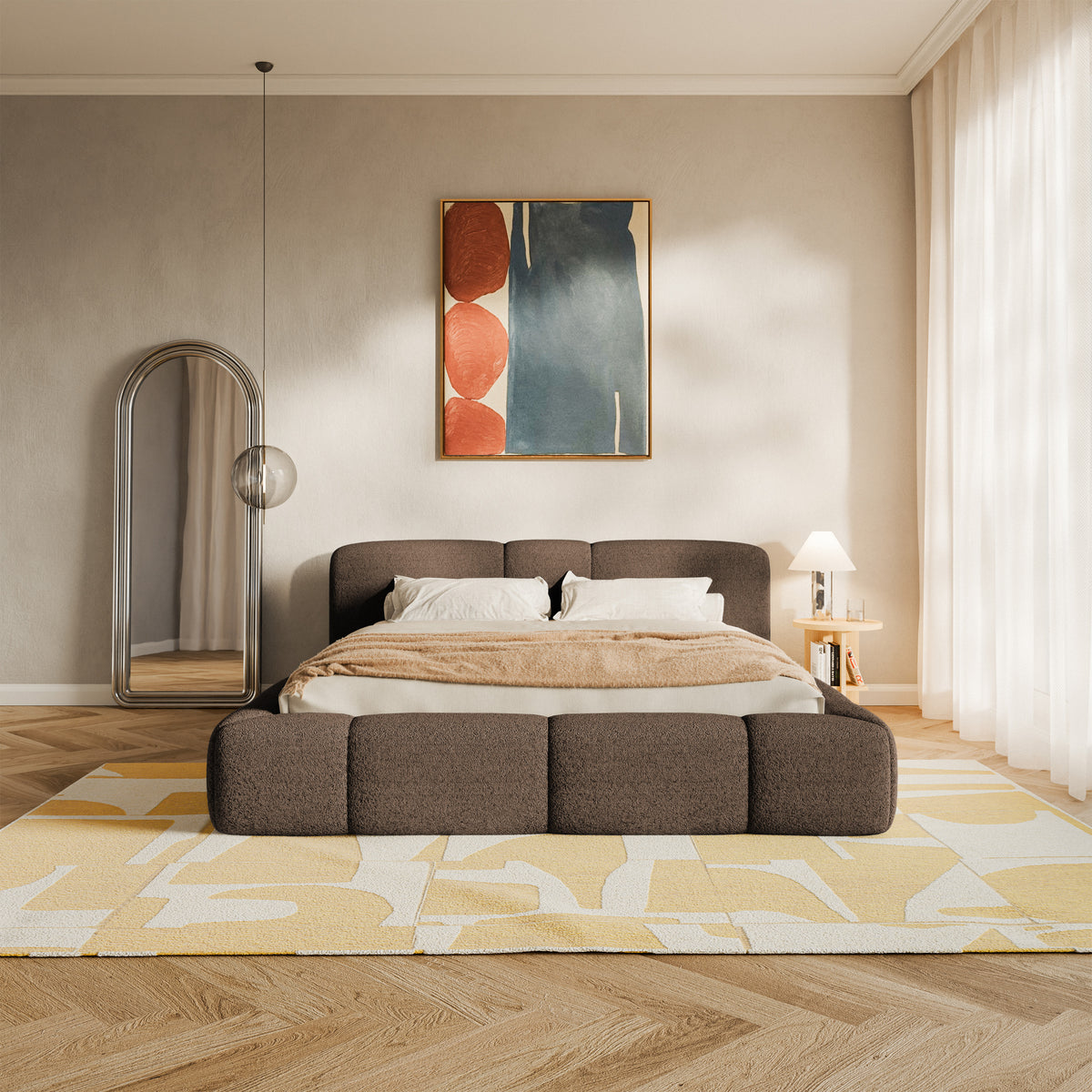 Lit tapissé 140x200 cm Bowia avec rangement, cadre métallique, velours beige clair
