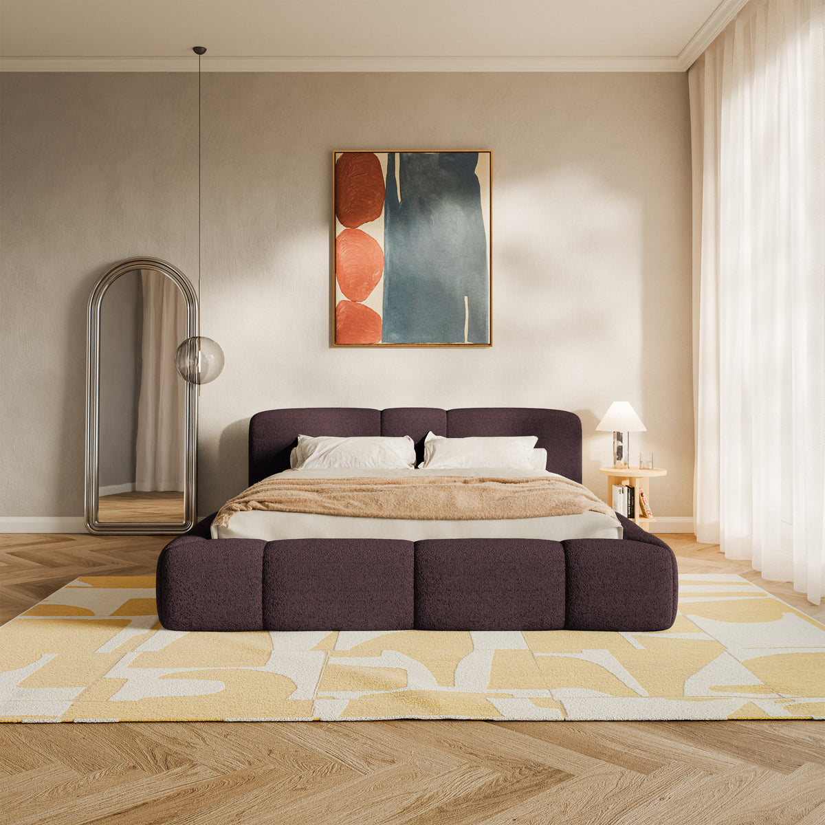 Lit tapissé 140x200 cm Bowia avec rangement, cadre métallique, velours bordeaux