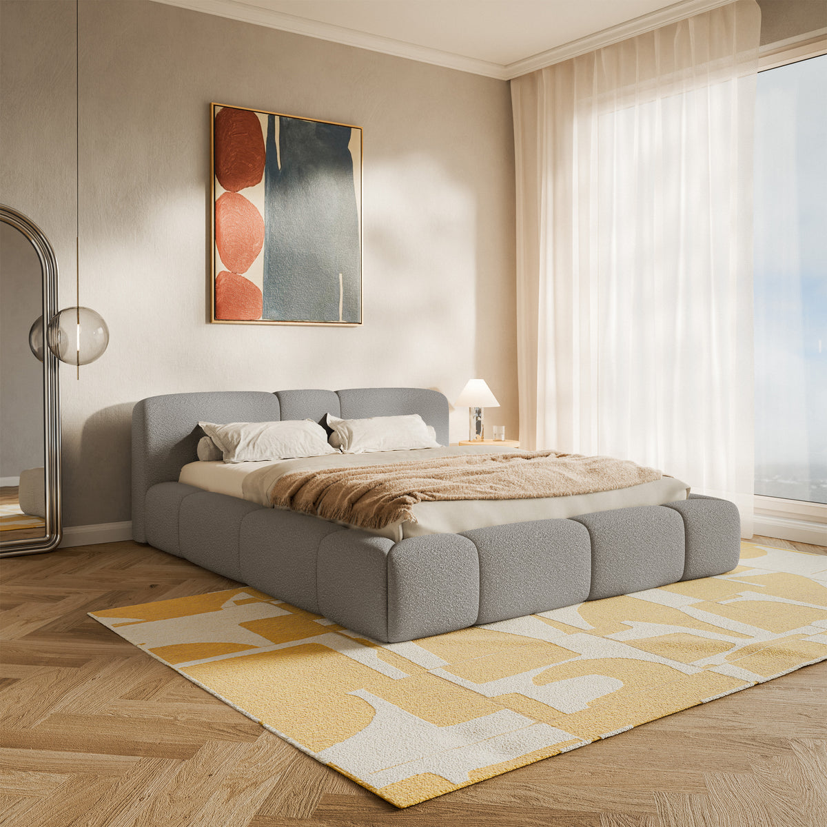 Lit tapissé 140x200 cm Bowia avec rangement, cadre métallique, boucle gris clair