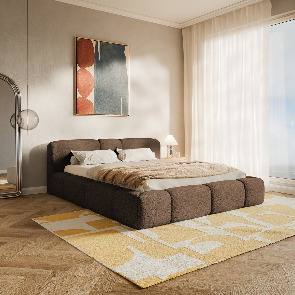 Lit tapissé 140x200 cm Bowia avec rangement, cadre métallique, velours beige clair