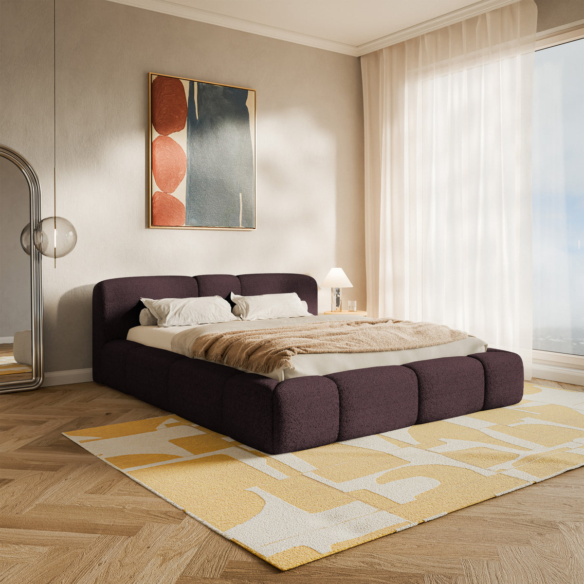 Lit tapissé 140x200 cm Bowia avec rangement, cadre métallique, velours bordeaux