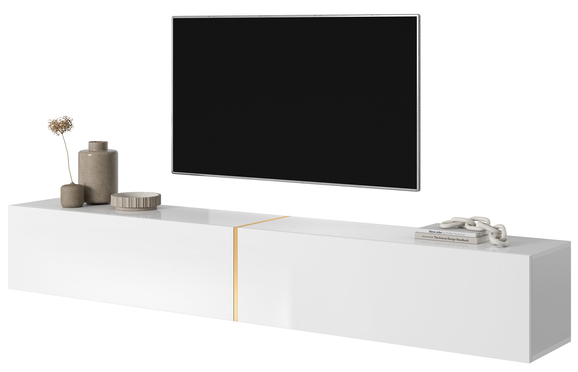 TV-Schrank Bisira 200 cm weiß mit goldenem Einsatz