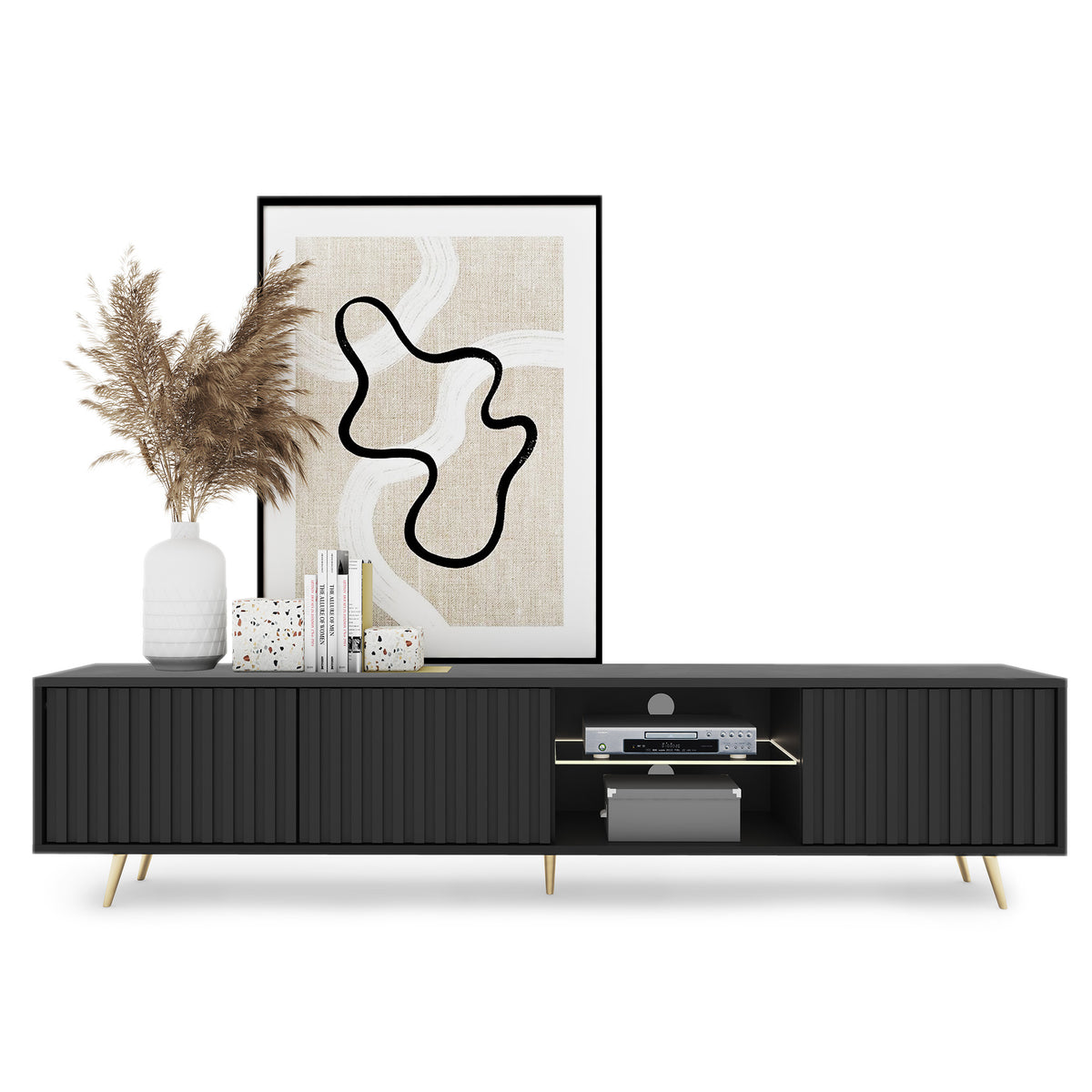 Meuble TV Bello avec façades à lamelles 175 cm noir avec LED et pieds dorés