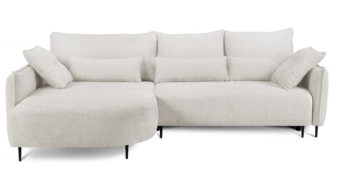 Canapé d'angle Oblivio avec fonction couchage, forme en L, avec coffre de rangement, tissu chenille crème, version gauche